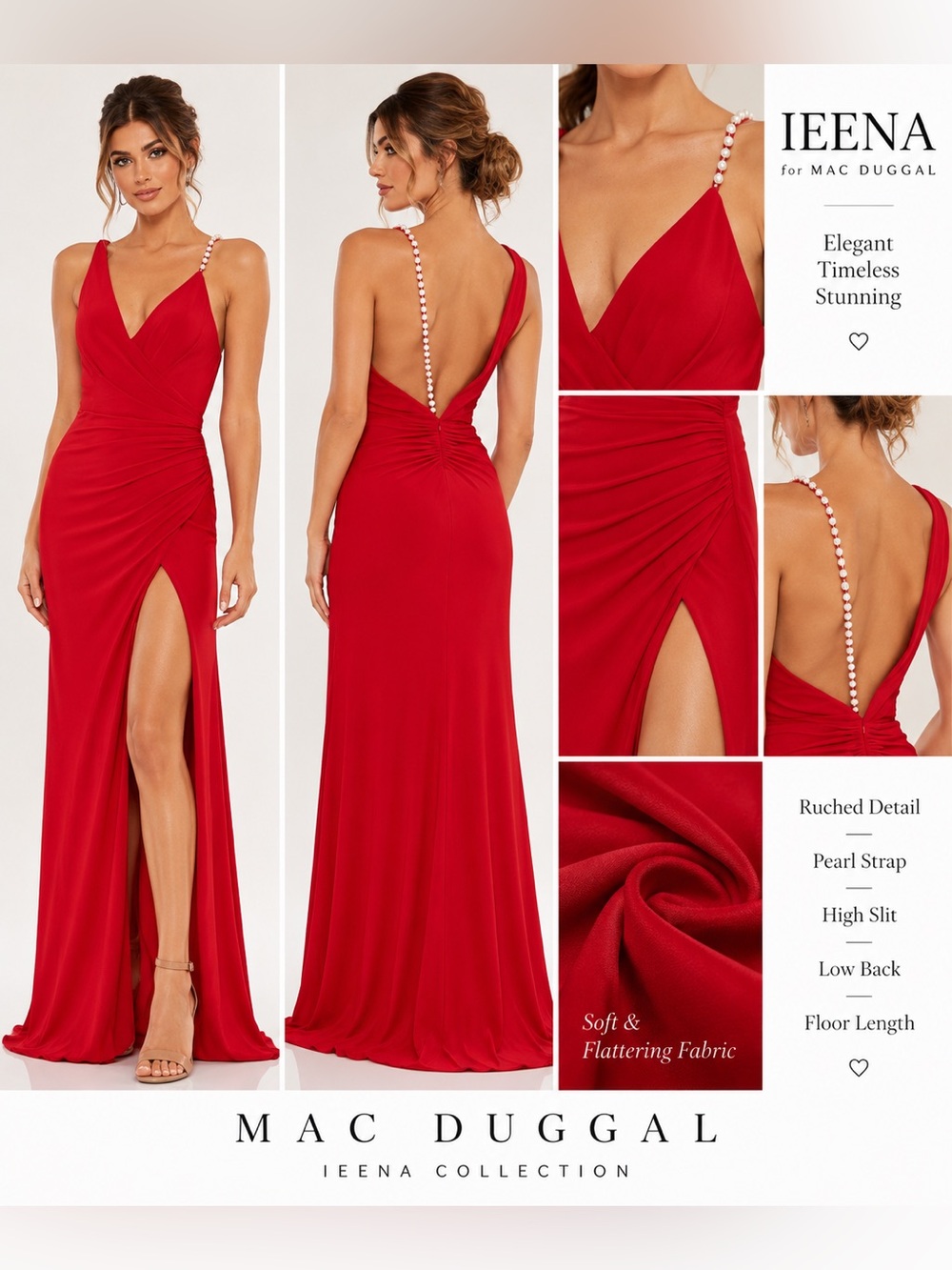 Mac Duggal IEENA Red Pearl Strap Ruched Slit Gown Size 6 NWT